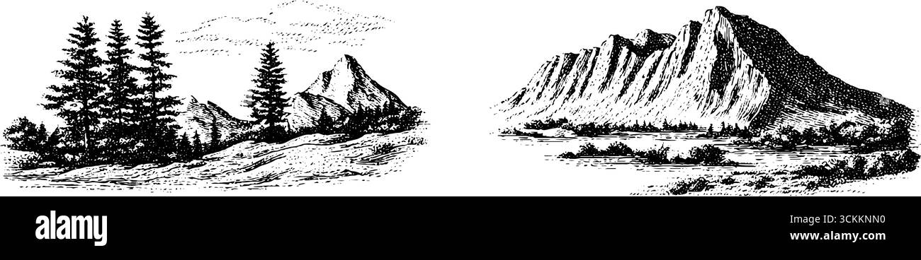 Ensemble paysage de montagne et de pin gravé pour la nature et la conception extérieure. Illustration de Vecteur