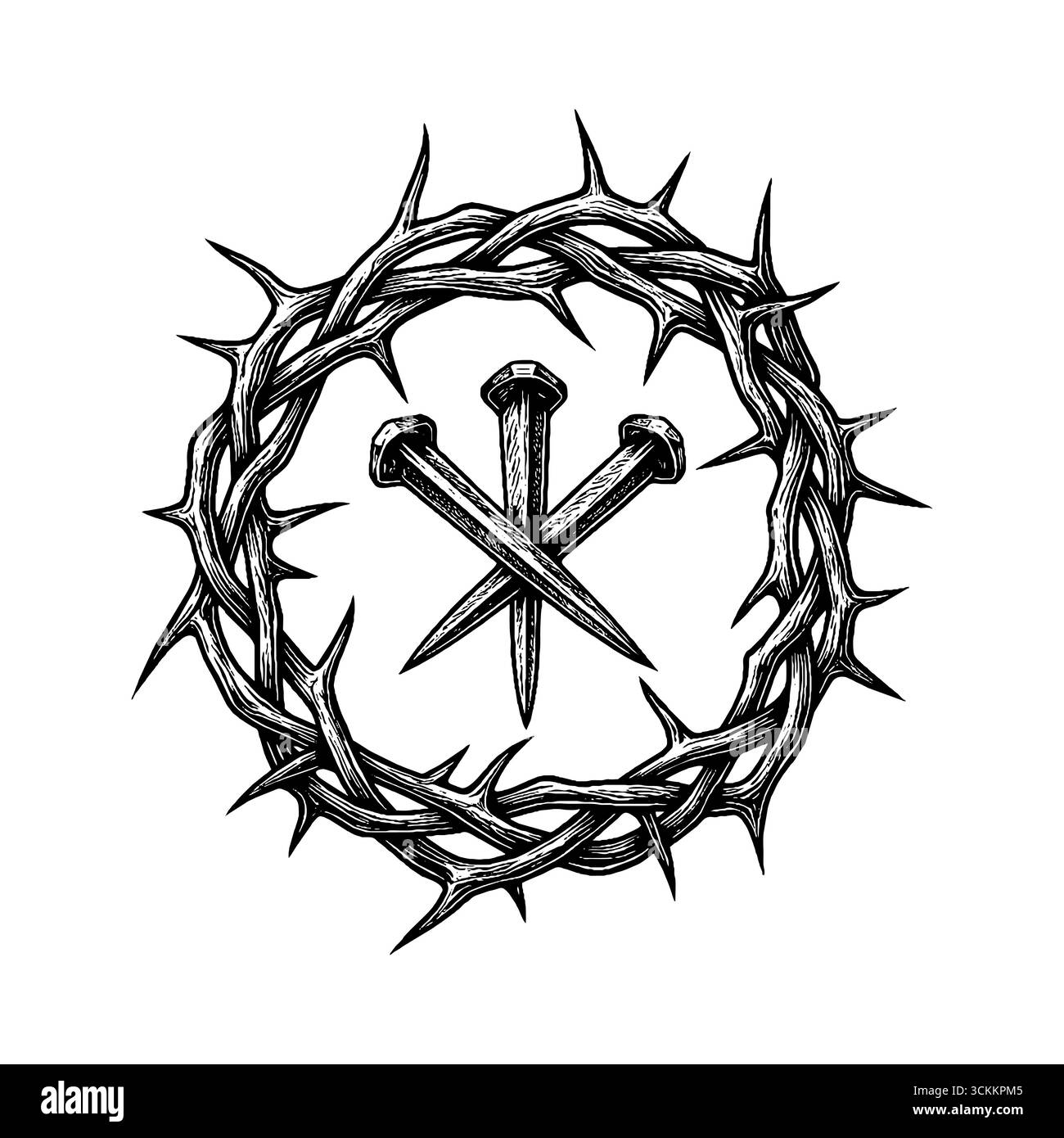 Une couronne d'épines et trois clous — symboles de la crucifixion de Jésus-Christ Illustration de Vecteur