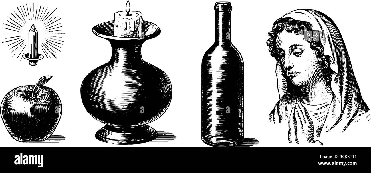 Éléments de souper de ferme vintage : bougie, pomme, bouteille et portrait pour la conception historique. Illustration de Vecteur