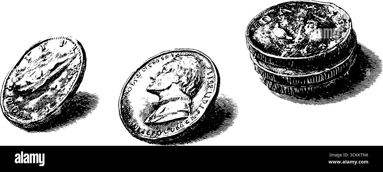 Gravure de pièces de monnaie et de monnaie vintage pour la conception historique et les projets d'art. Illustration de Vecteur