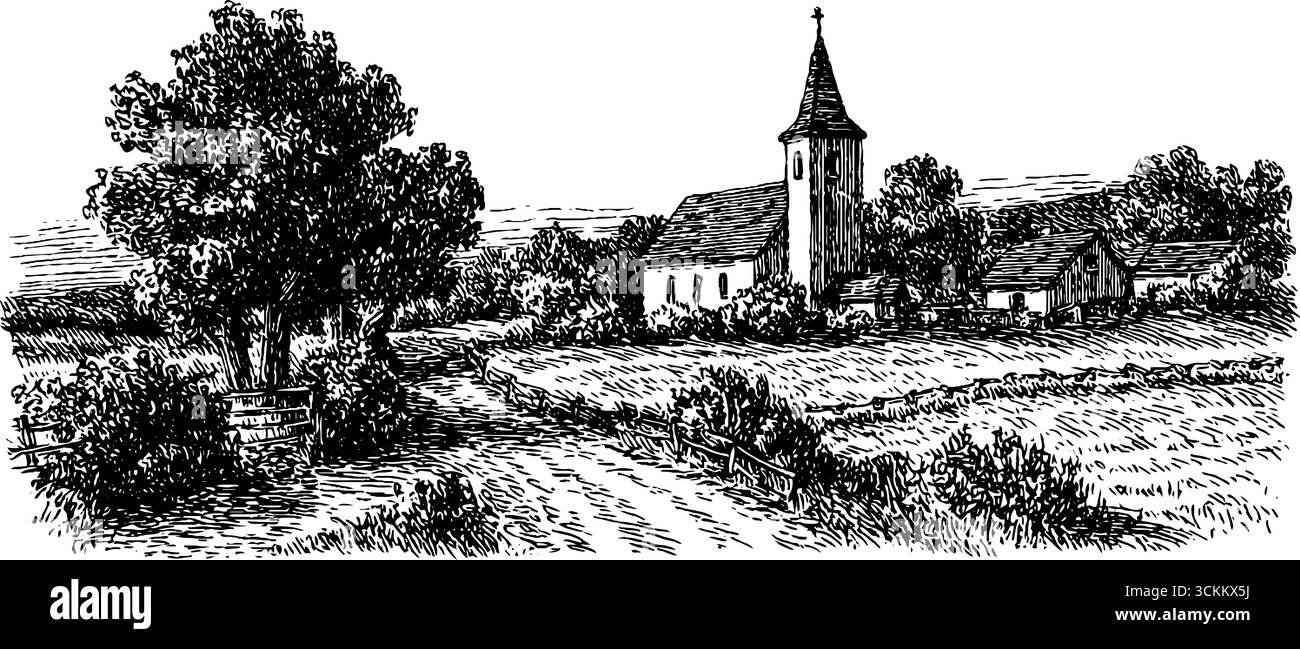 Illustration gravée d'une église de village tranquille et sentier de campagne pittoresque. Illustration de Vecteur