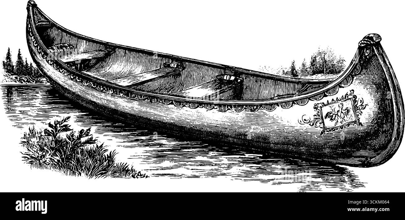 Gravure vintage de canoë sur rivière tranquille pour des projets de conception. Illustration de Vecteur