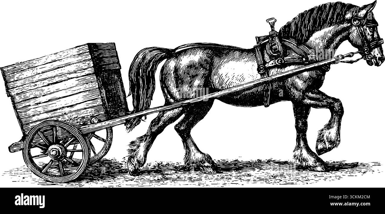 Gravure vintage dessinée à la main de cheval tirant chariot en bois pour un design rétro. Illustration de Vecteur