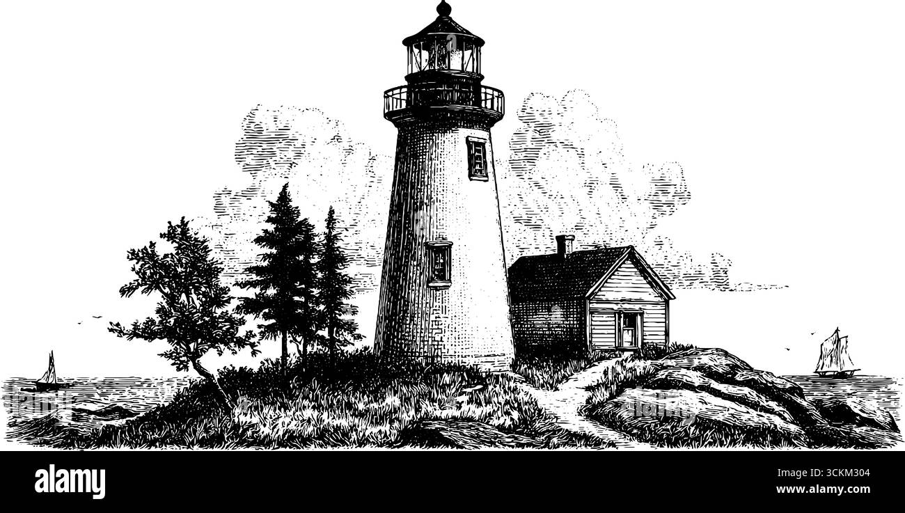 Illustration gravée vintage d'un phare altéré sur une côte rocheuse. Illustration de Vecteur