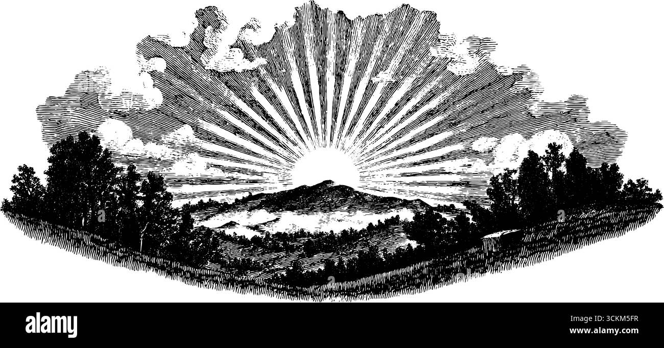 Illustration gravée du coucher de soleil sur des montagnes lointaines - conception de paysage rétro pour affiche. Illustration de Vecteur