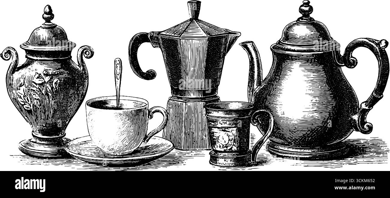 Gravure de set de café vintage avec des haricots et des pots classiques pour un design rétro. Illustration de Vecteur Gravure de set de café vintage avec des haricots et des pots classiques pour un design rétro. Illustration de Vecteur