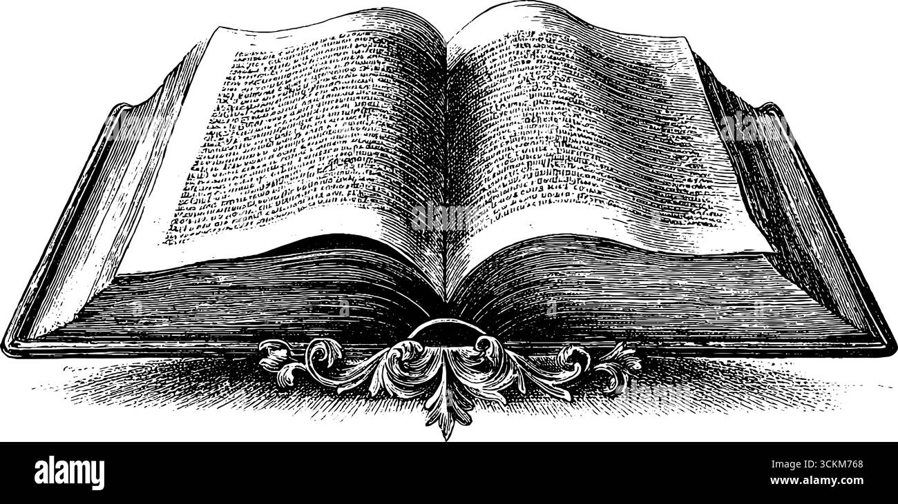 Illustration gravée vintage d'un livre ouvert avec texte visible pour la conception. Illustration de Vecteur