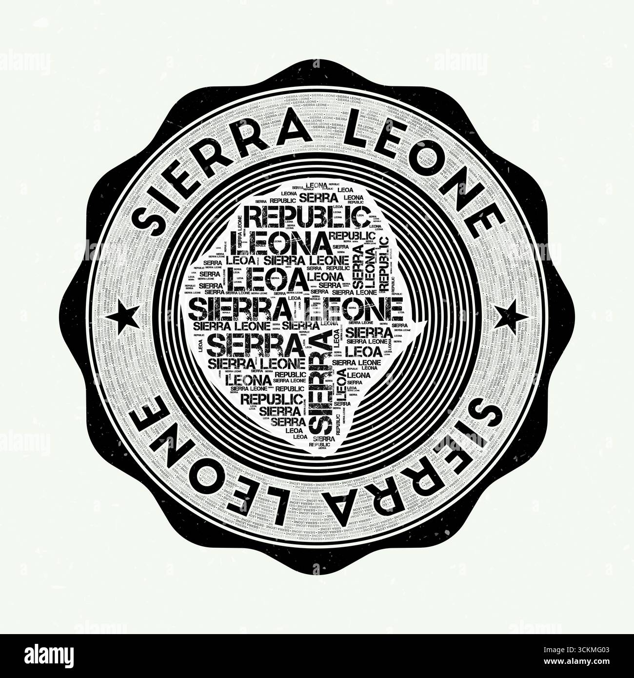 Le sceau de Sierra Leone. Logo rond du pays avec la forme de Sierra Leone et le nom du pays dans plusieurs langues Wordcloud. Emblème attrayant. Illustration de Vecteur