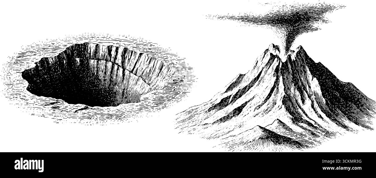 Ensemble d'illustrations gravées représentant un cratère volcanique et une scène volcanique en éruption pour une conception éducative. Illustration de Vecteur