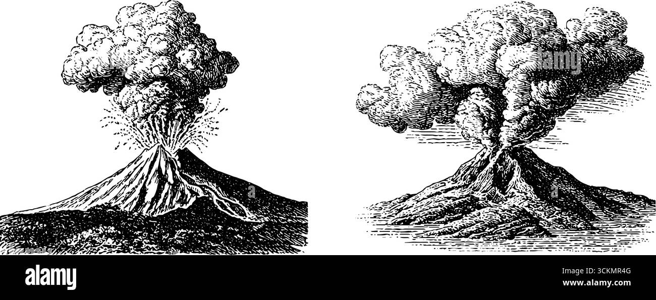 Ensemble d'illustration gravée détaillée de l'éruption du volcan et de la coulée de lave à usage éducatif. Illustration de Vecteur