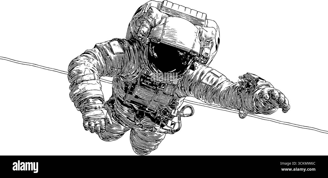 Illustration gravée d'astronaute flottant dans l'espace - conception pour la science-fiction et les projets d'exploration spatiale. Illustration de Vecteur