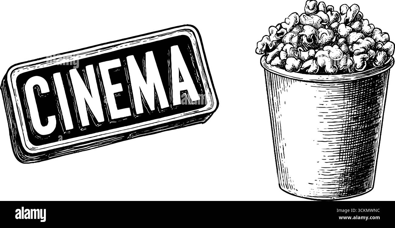 Signe de cinéma rétro et gravure de seau de pop-corn pour les projets de design vintage. Illustration de Vecteur