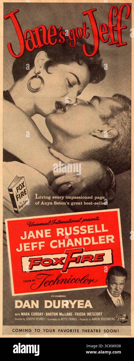 1955 film Foxfire annonce, avec Jane Russell et Jeff Chandler, réalisé par Joseph Pevney Banque D'Images