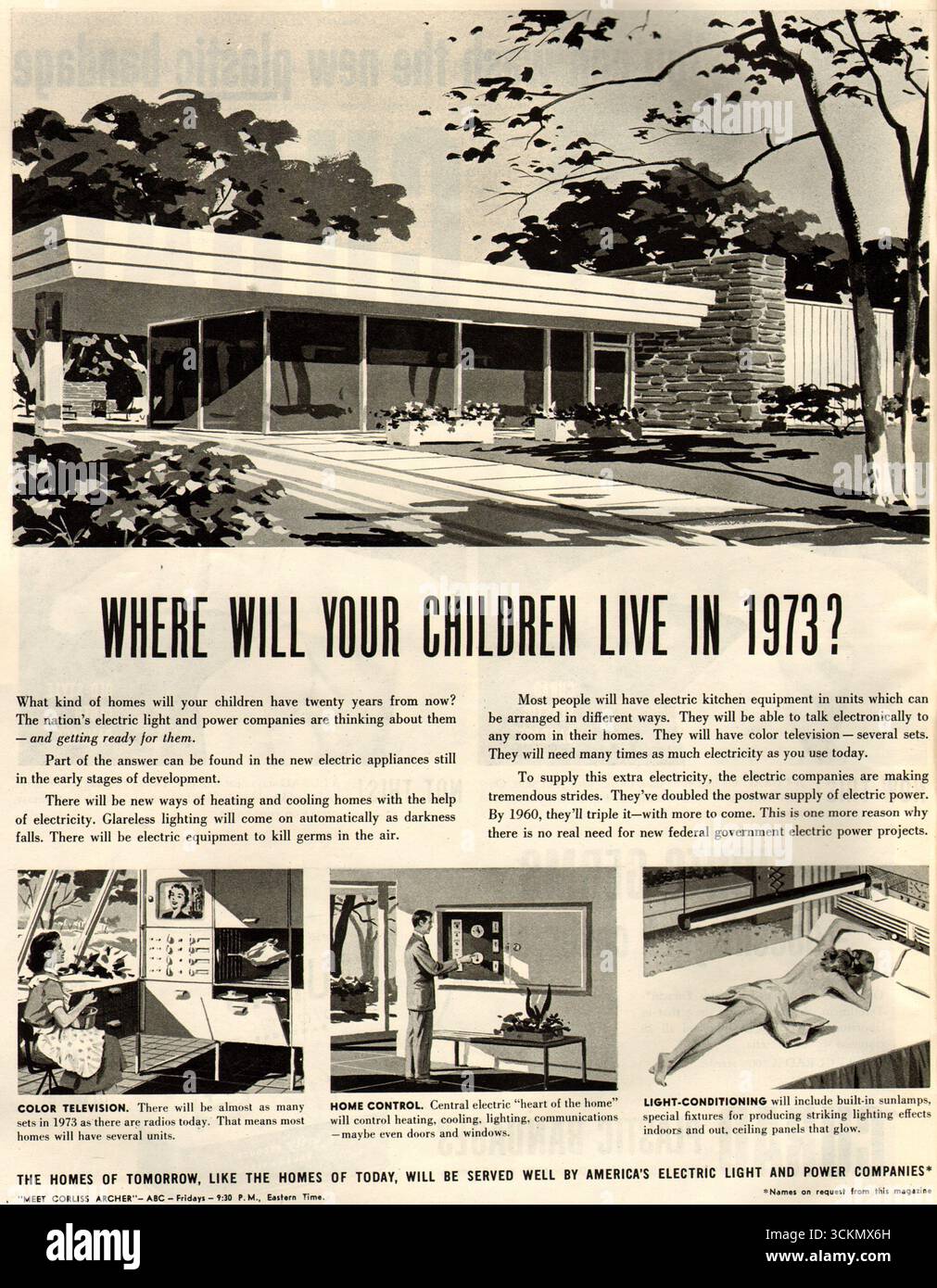 1953 annonce des compagnies américaines d'électricité et d'électricité, maisons de demain Banque D'Images