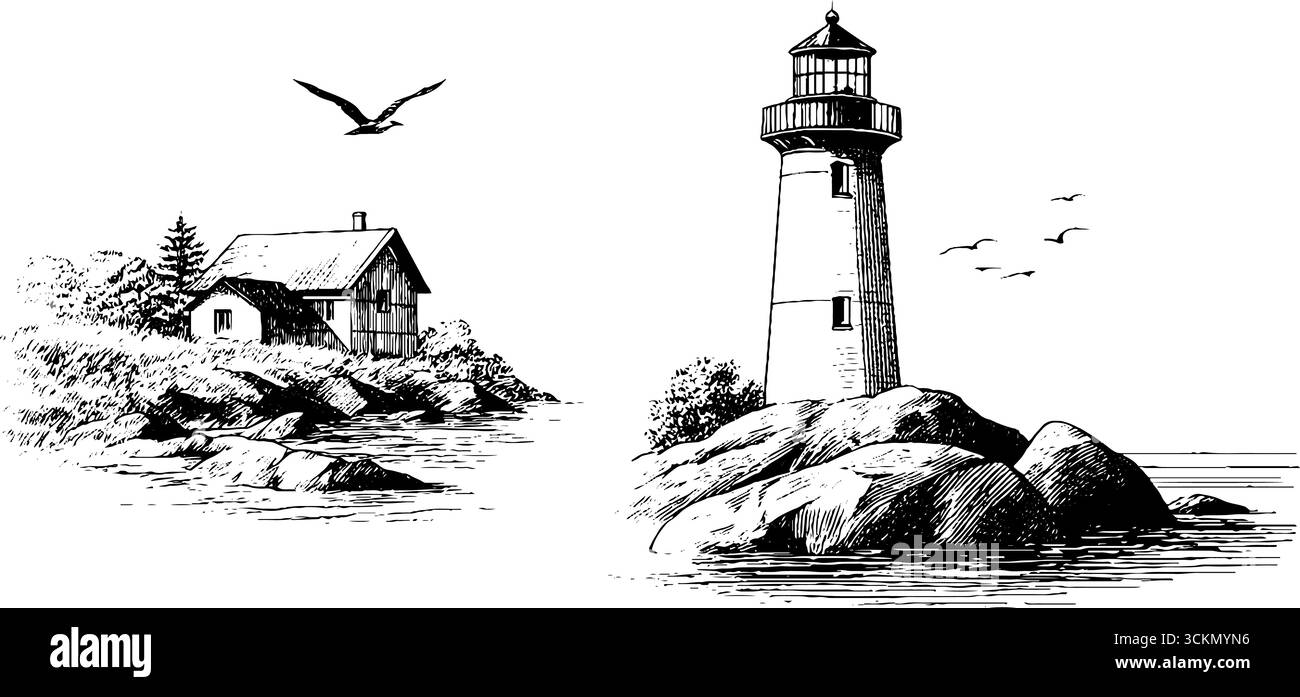 Phare côtier et chalet en bord de mer dans le style de gravure vintage. Illustration de Vecteur