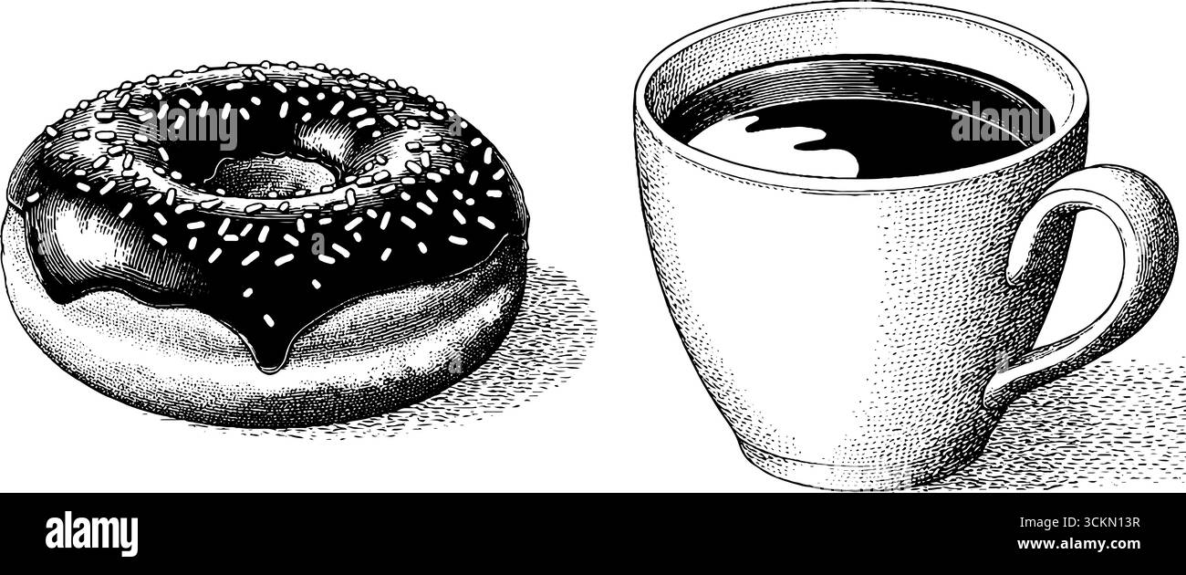 Beignet vintage et set de gravure de café pour la décoration de café et les menus. Illustration de Vecteur