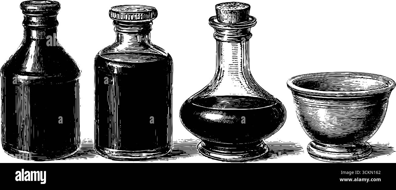 Bouteilles de vinaigre balsamique vintage ensemble d'illustration gravée pour la conception culinaire et d'emballage. Illustration de Vecteur