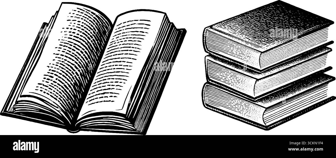Ensemble d'illustration de livre gravé - livres ouverts et fermés pour les projets de design vintage. Illustration de Vecteur