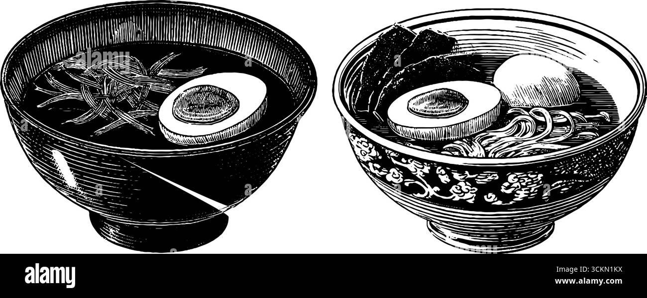 Ensemble d'illustration gravé de bols ramen avec des œufs durs pour la conception d'art culinaire. Illustration de Vecteur