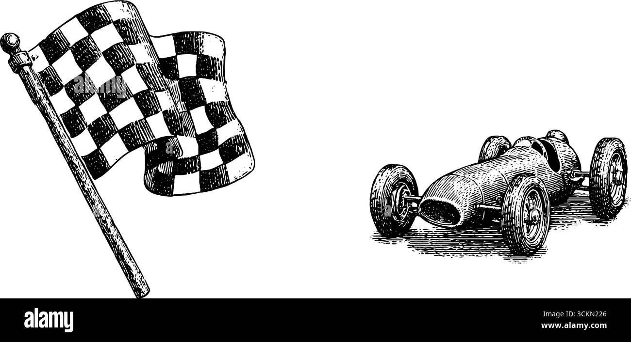 Gravure vintage d'une voiture de course et drapeau à damiers pour les amateurs de sport automobile. Illustration de Vecteur