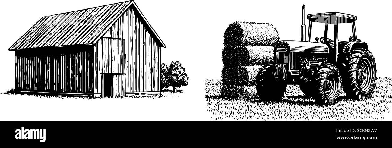 Scène de ferme gravée avec grange rustique et tracteur vintage pour la conception agricole. Illustration de Vecteur
