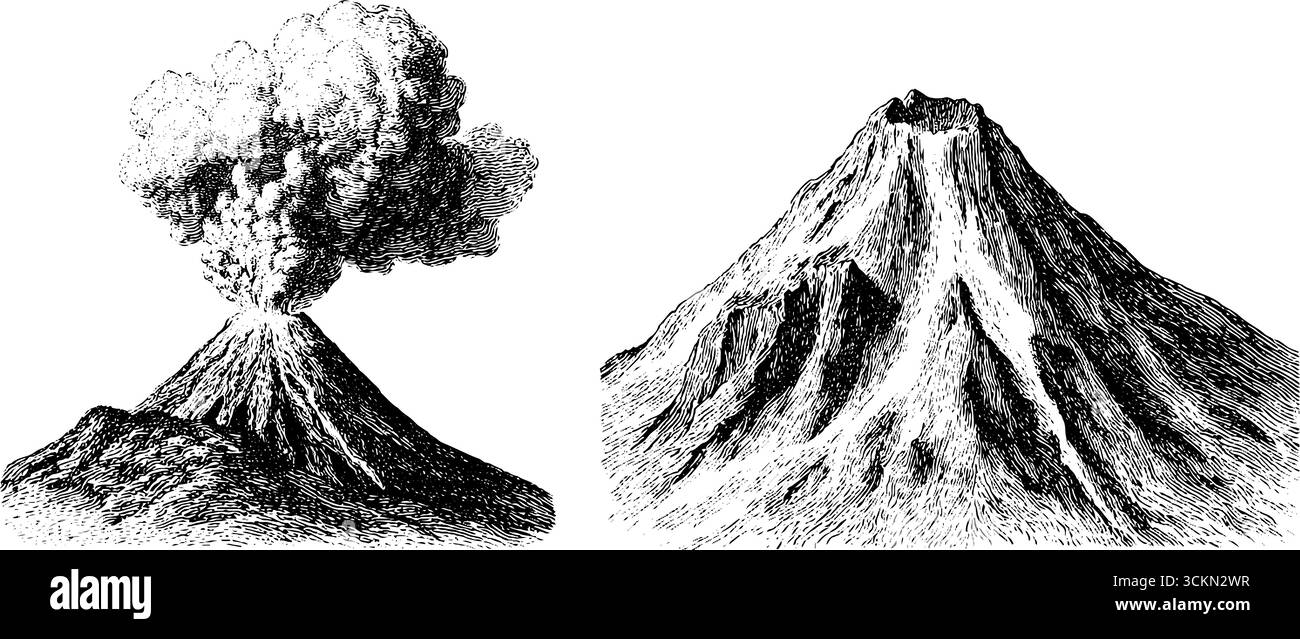 Silhouettes de volcan gravées pour le design et la décoration. Illustration de Vecteur