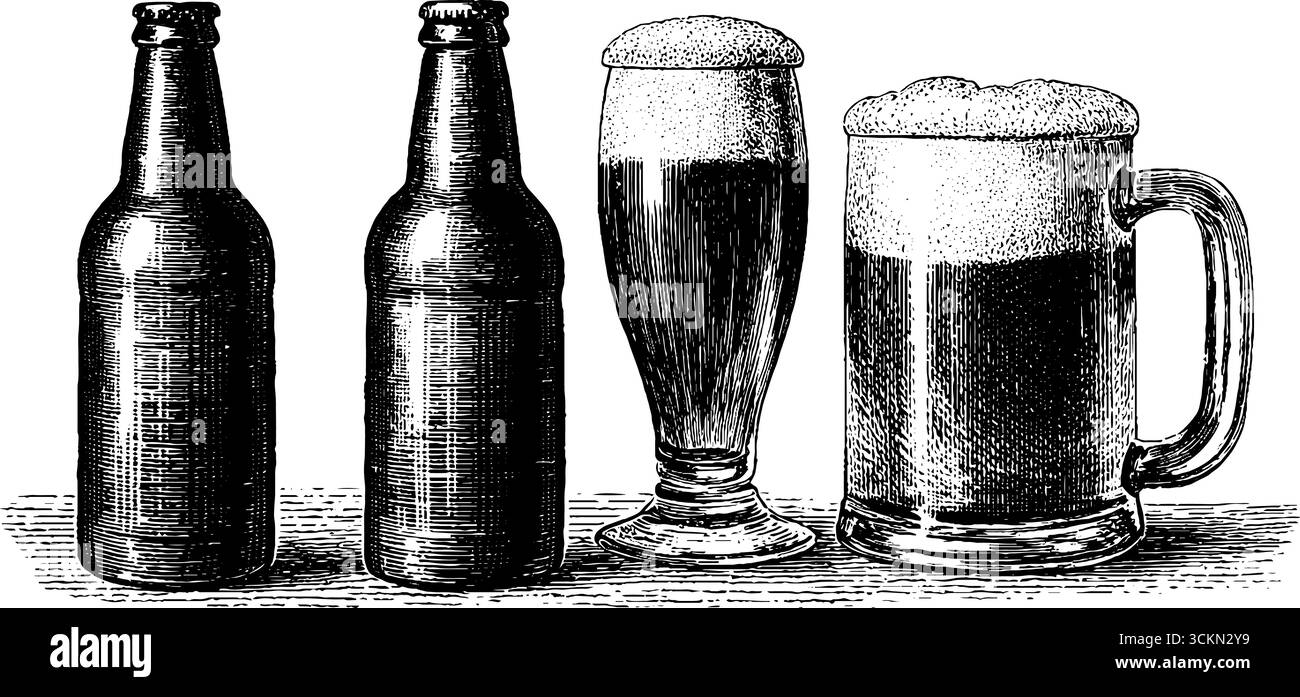 Illustration gravée vintage de bouteilles lager et de tasses à bière pour les conceptions de concept de boisson. Illustration de Vecteur Illustration gravée vintage de bouteilles lager et de tasses à bière pour les conceptions de concept de boisson. Illustration de Vecteur