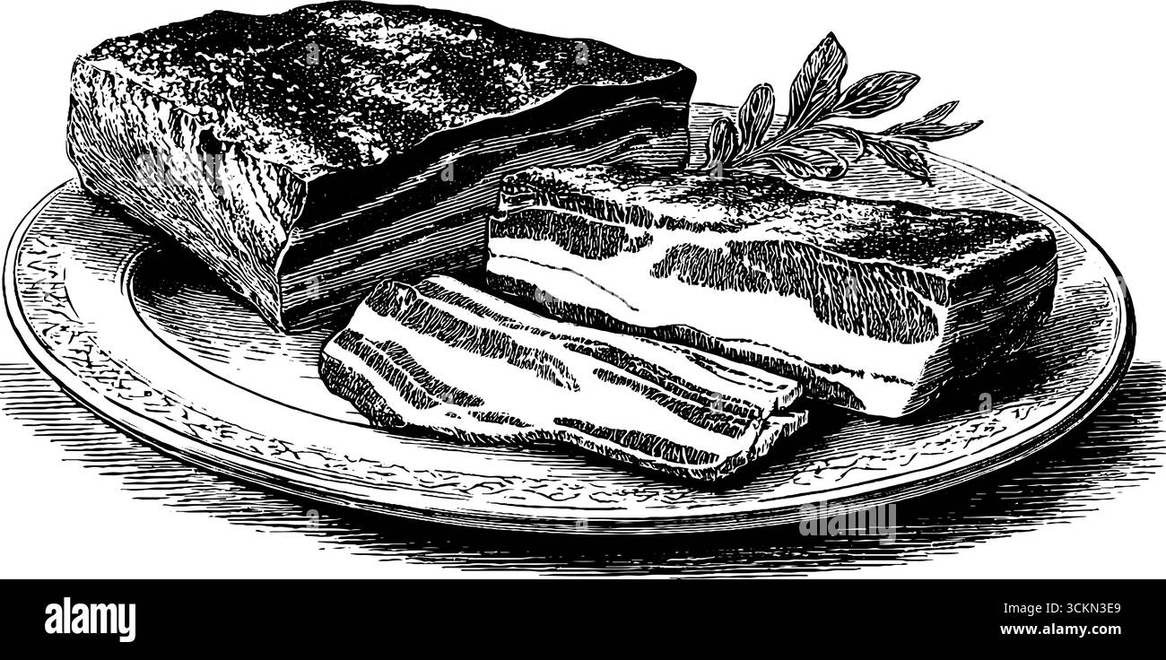 Art culinaire gravé de tranches de pancetta avec garniture aux herbes sur une assiette élégante. Illustration de Vecteur