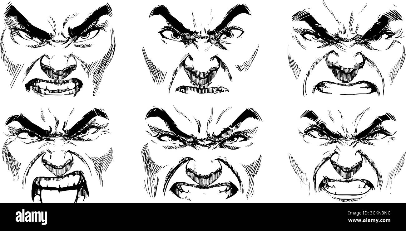 Ensemble d'illustrations gravées d'expressions en colère pour la conception graphique et les projets artistiques. Illustration de Vecteur