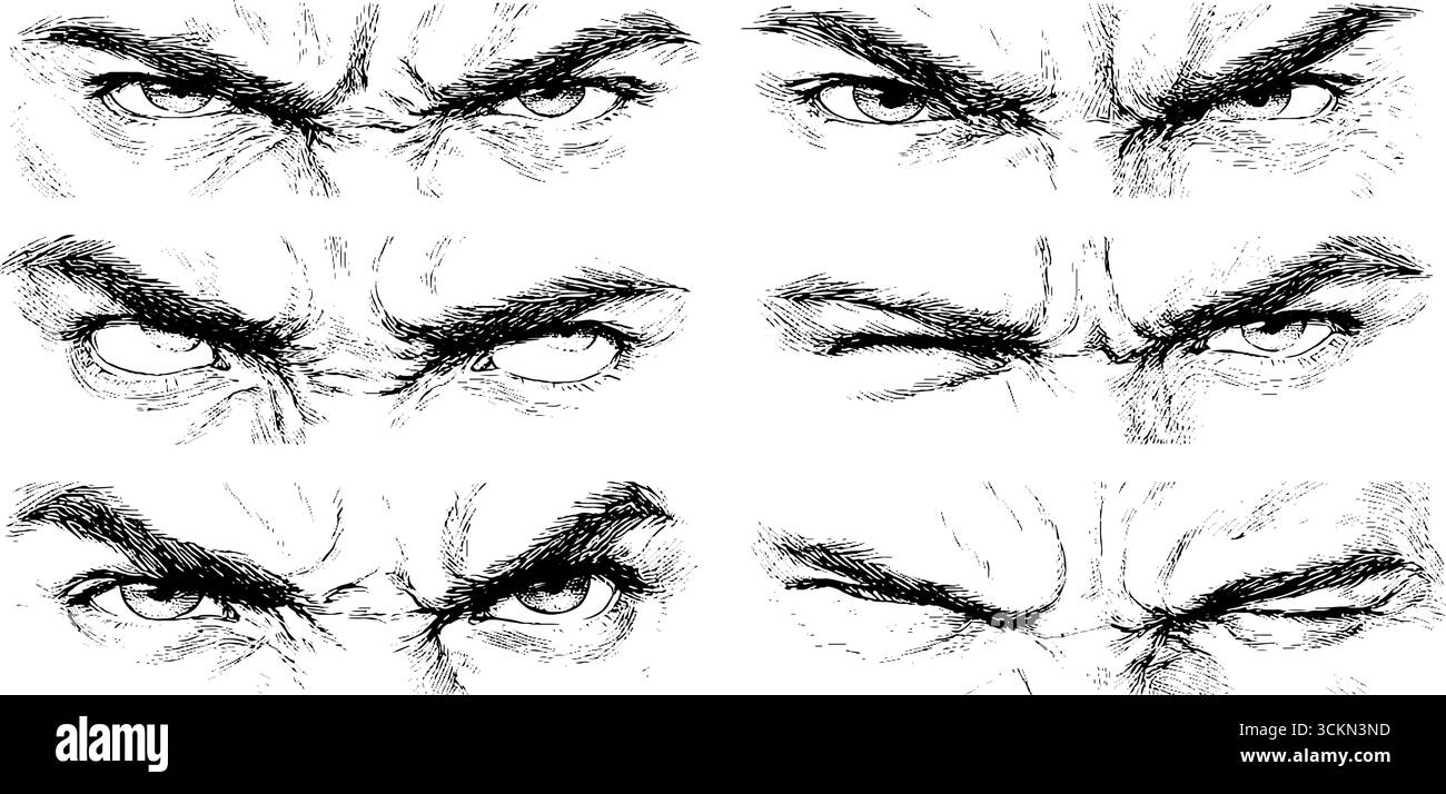Illustrations gravées d'expressions en colère et de froncements de sourcils pour un design artistique émotionnel. Illustration de Vecteur