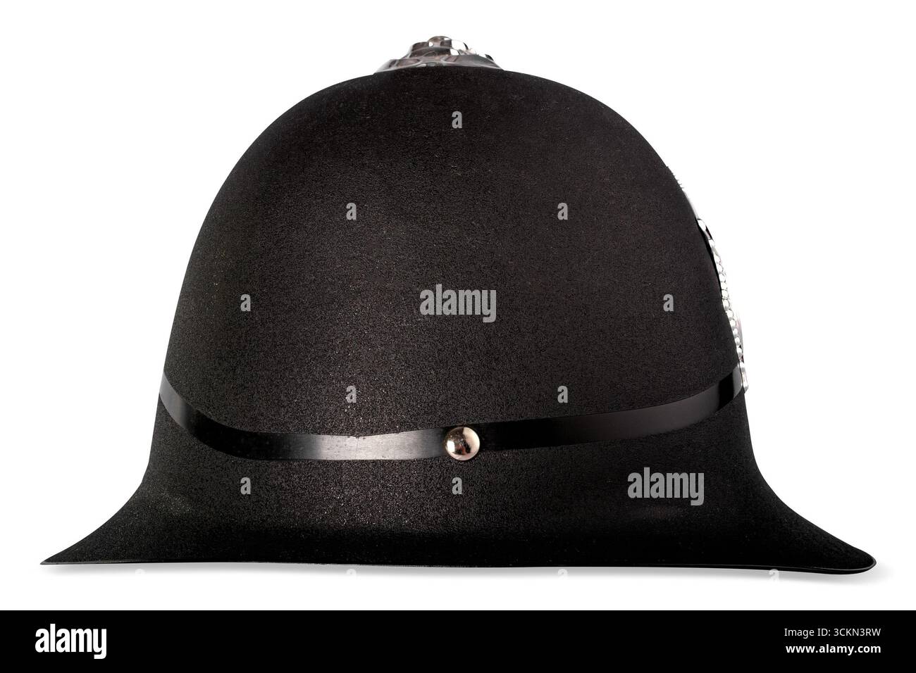 Un casque de police noir sur fond blanc, isolé. Banque D'Images