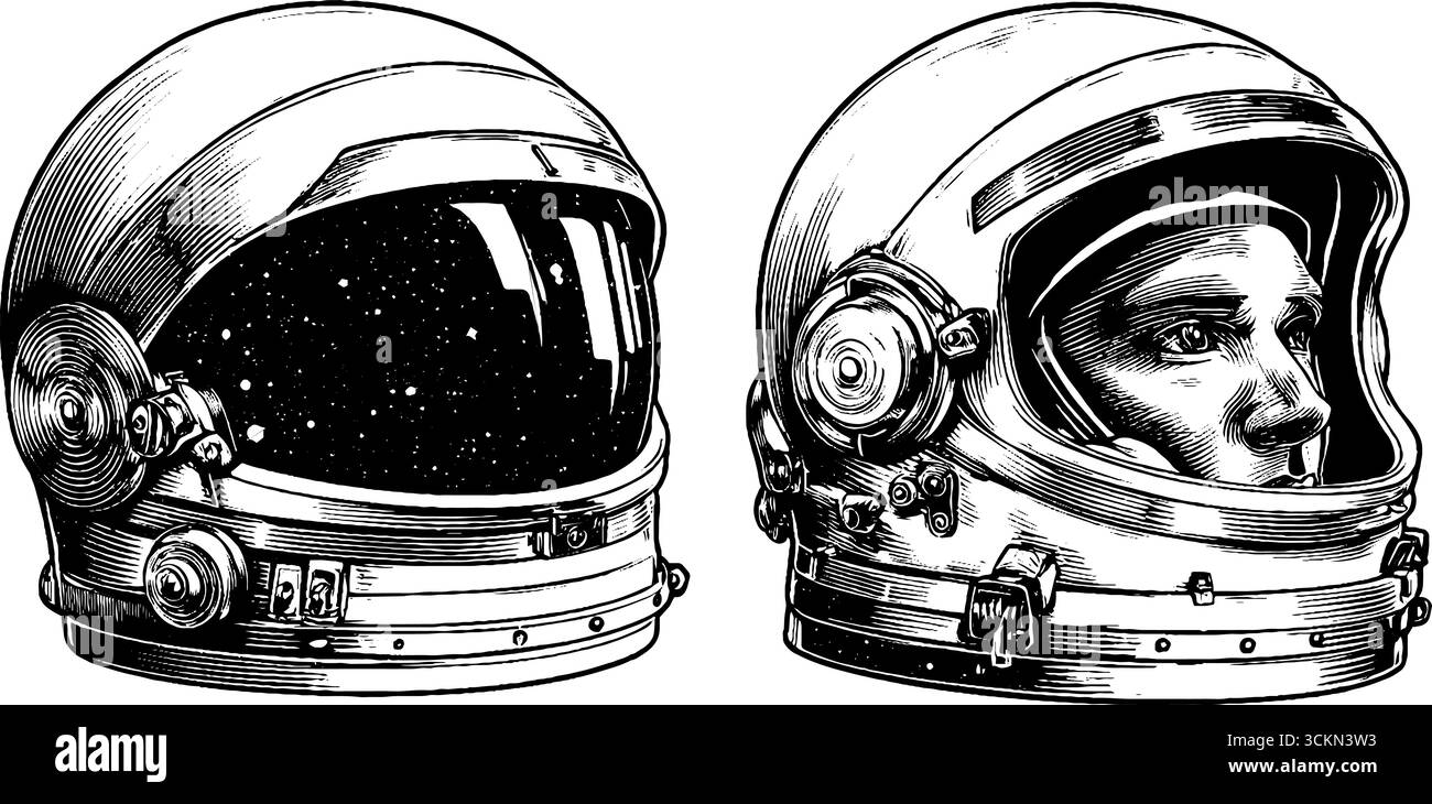 Ensemble complexe de gravure de casque d'astronaute avec conception de réflexion de visière. Illustration de Vecteur