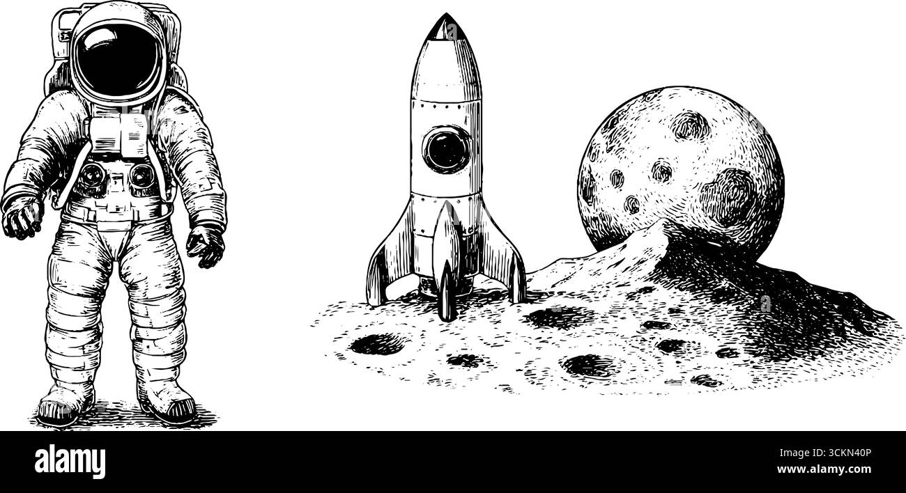 Exploration vintage : astronaute, fusée spatiale et gravure de surface lunaire pour la conception. Illustration de Vecteur