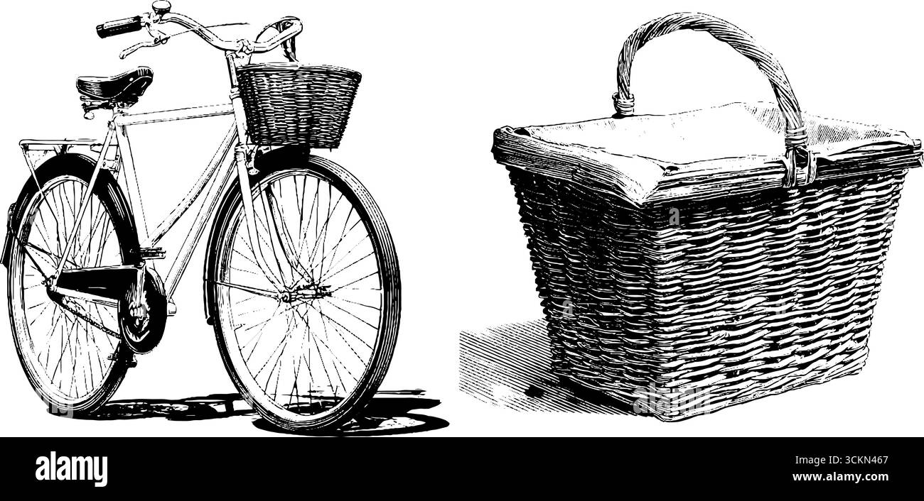 Vintage vélo et panier gravant art pour le design et le décor nostalgiques. Illustration de Vecteur