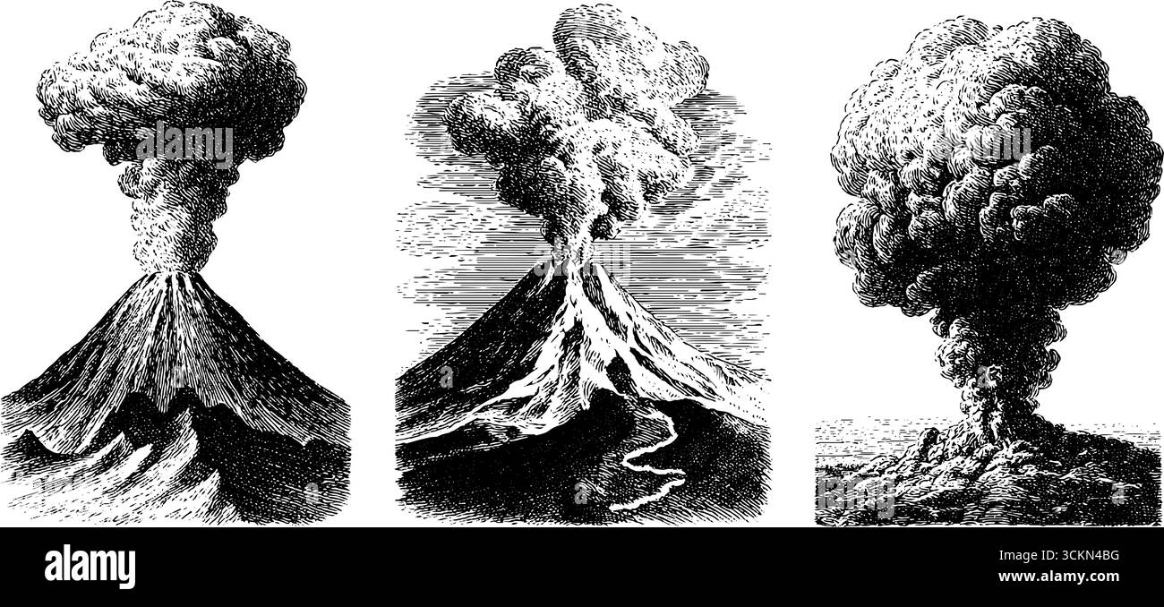 Illustrations d'éruption volcanique gravées vintage pour des projets artistiques. Illustration de Vecteur