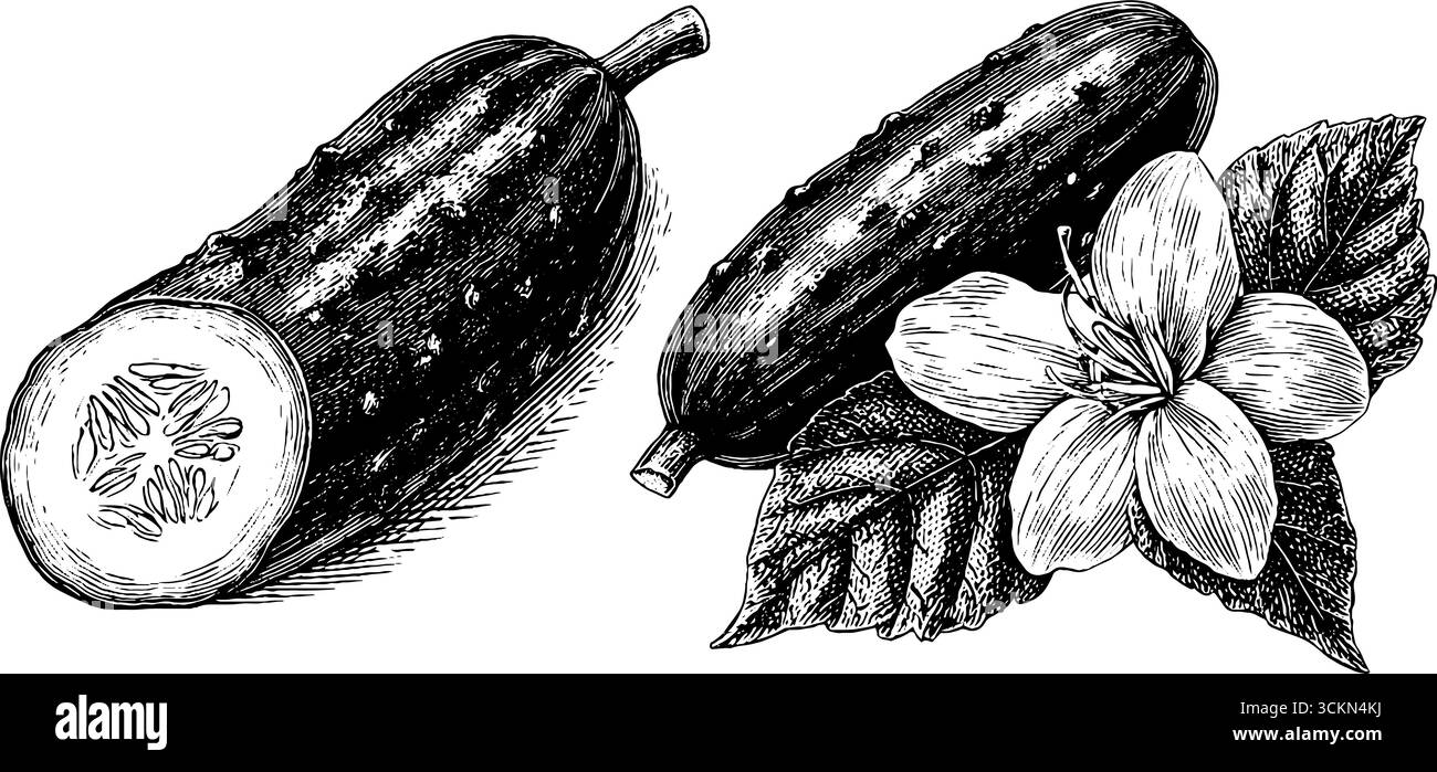 Illustration de concombre gravée avec fleur et feuille pour la conception botanique. Illustration de Vecteur