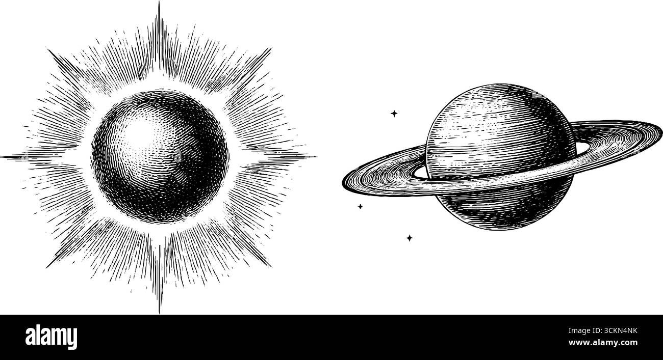 Ensemble d'illustration gravé de découverte d'exoplanètes avec planète annelée et étoile de conception. Illustration de Vecteur