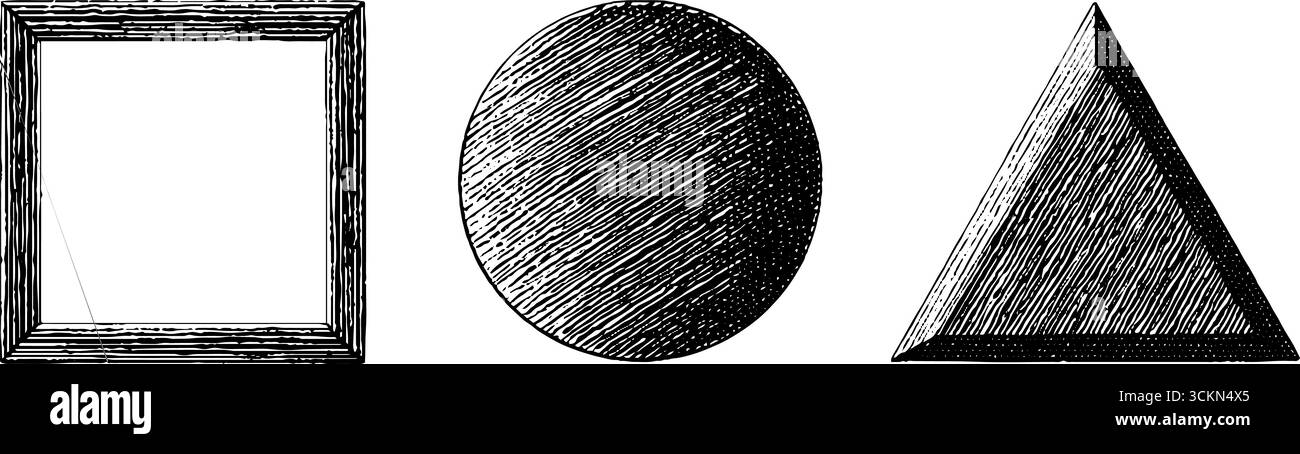 Ensemble d'illustrations gravées minimalistes avec des motifs carrés, cercles et triangles. Illustration de Vecteur