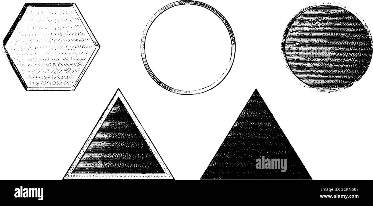 Formes géométriques gravées : carré minimaliste, cercle, triangle et hexagone pour les impressions. Illustration de Vecteur
