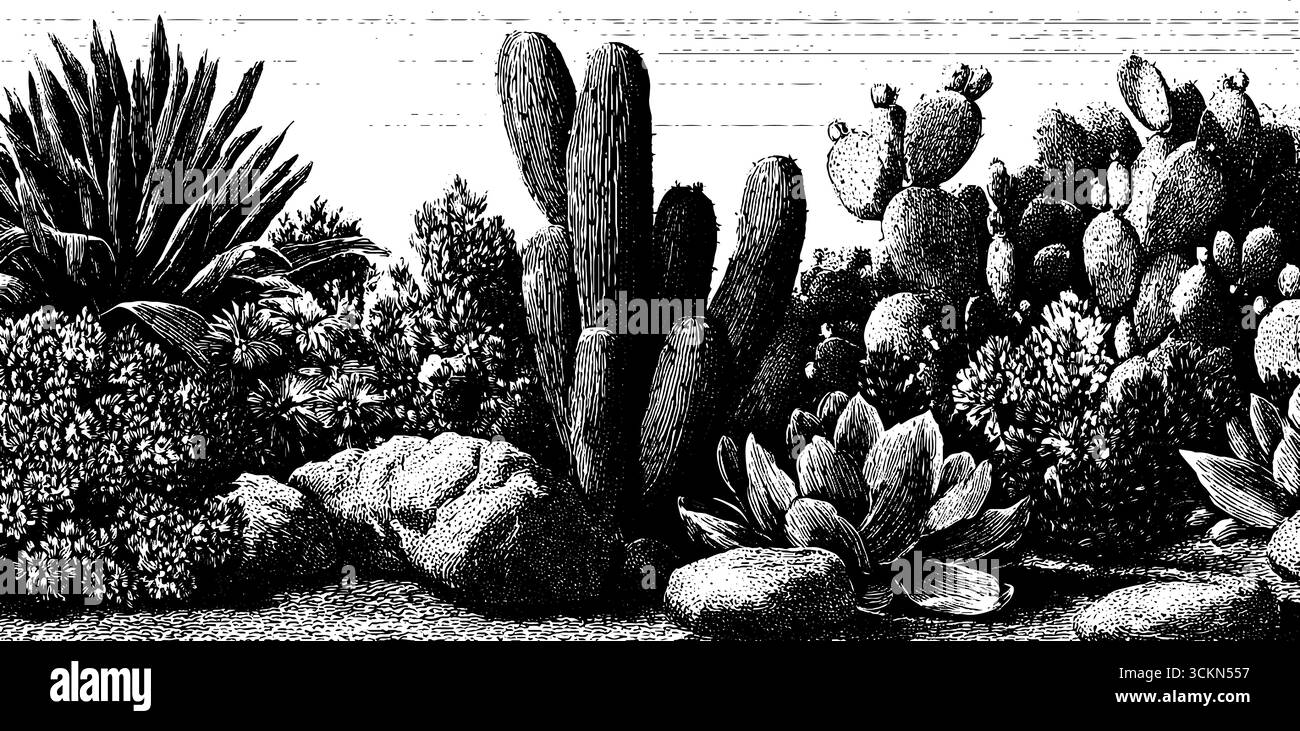 Illustration gravée d'un paysage de jardin de cactus mexicain diversifié. Illustration de Vecteur