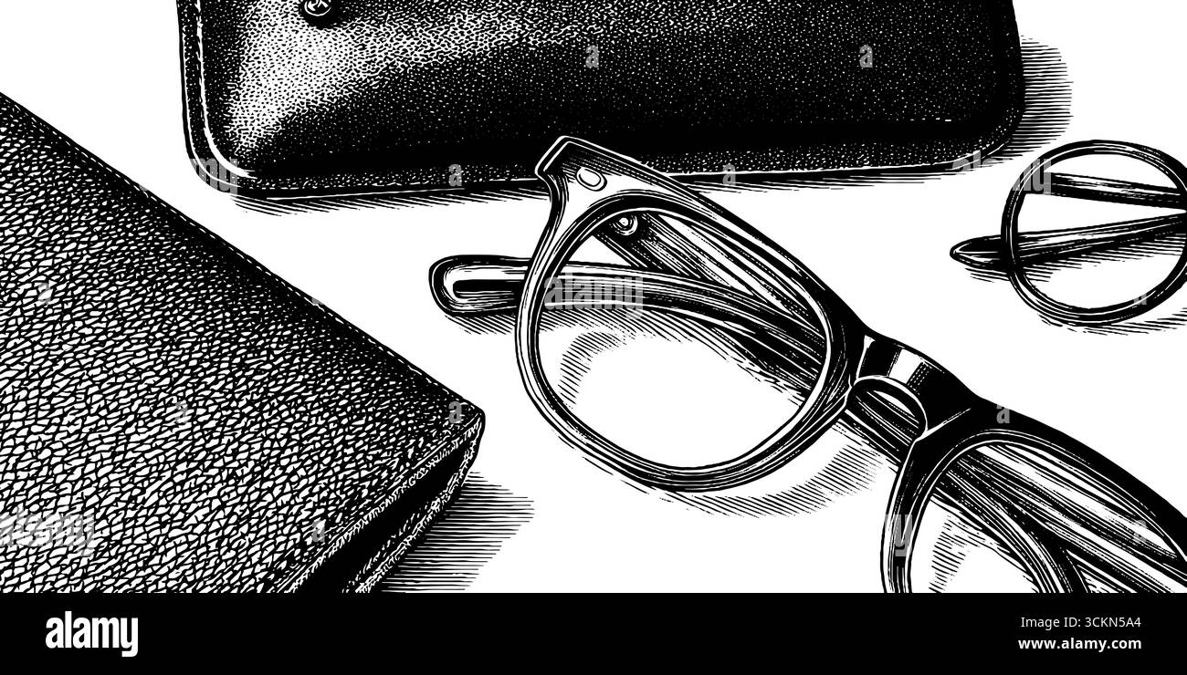 Illustration gravée vintage de lunettes de lecture avec étui et design de livre. Illustration de Vecteur