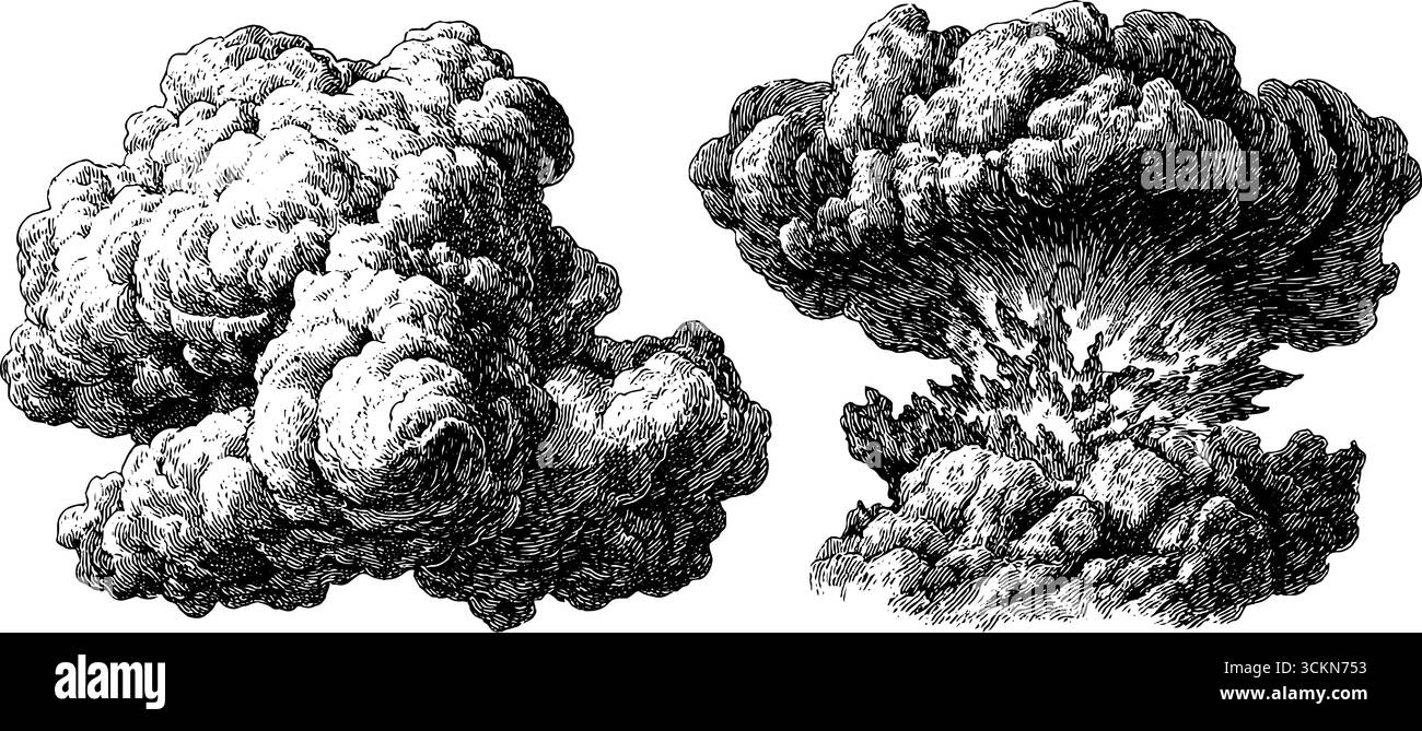 Illustration gravée d'explosions de bouffées de cendres volcaniques pour des thèmes de conception historique. Illustration de Vecteur