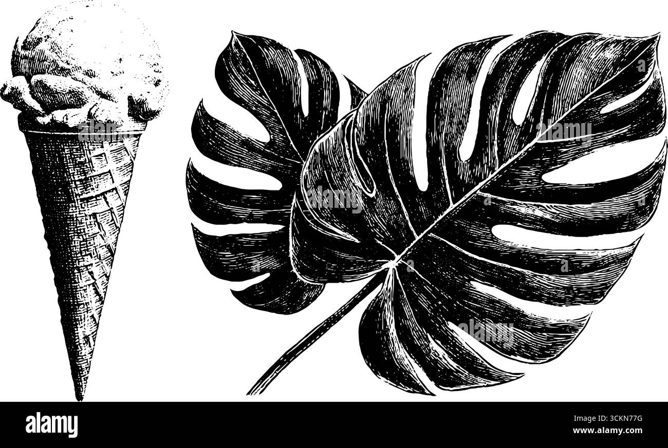 Illustration gravée de cône de crème glacée et de feuilles de monstera pour la conception estivale. Illustration de Vecteur