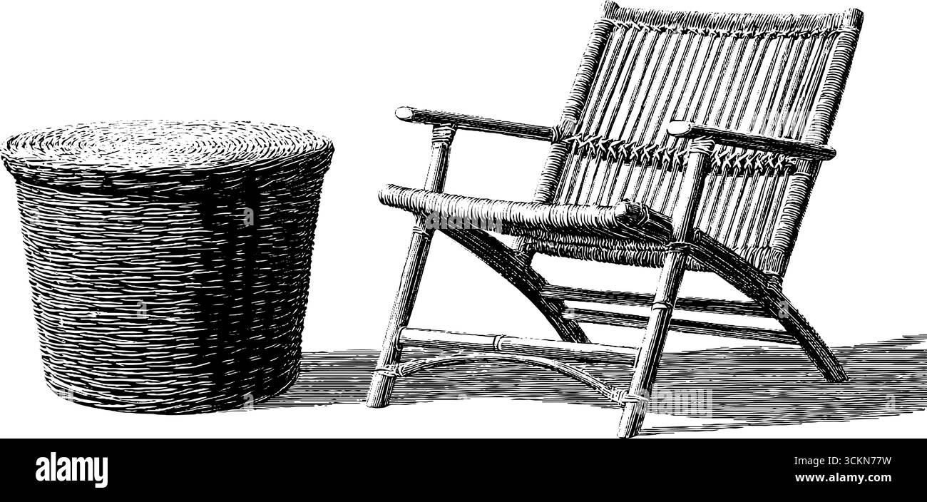 Illustration gravée élégante de chaise en rotin et panier en osier pour les concepts de design d'intérieur. Illustration de Vecteur