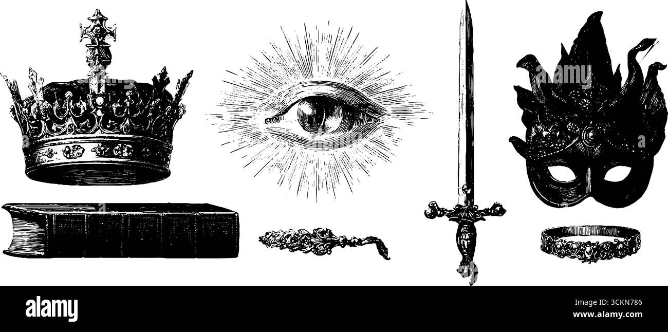Illustrations gravées de couronne noire, œil brillant, épée, masque et chaîne pour la conception. Illustration de Vecteur