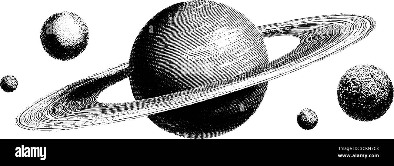Gravure vintage de saturne avec anneaux et lunes - conception céleste pour l'enseignement et l'impression. Illustration de Vecteur