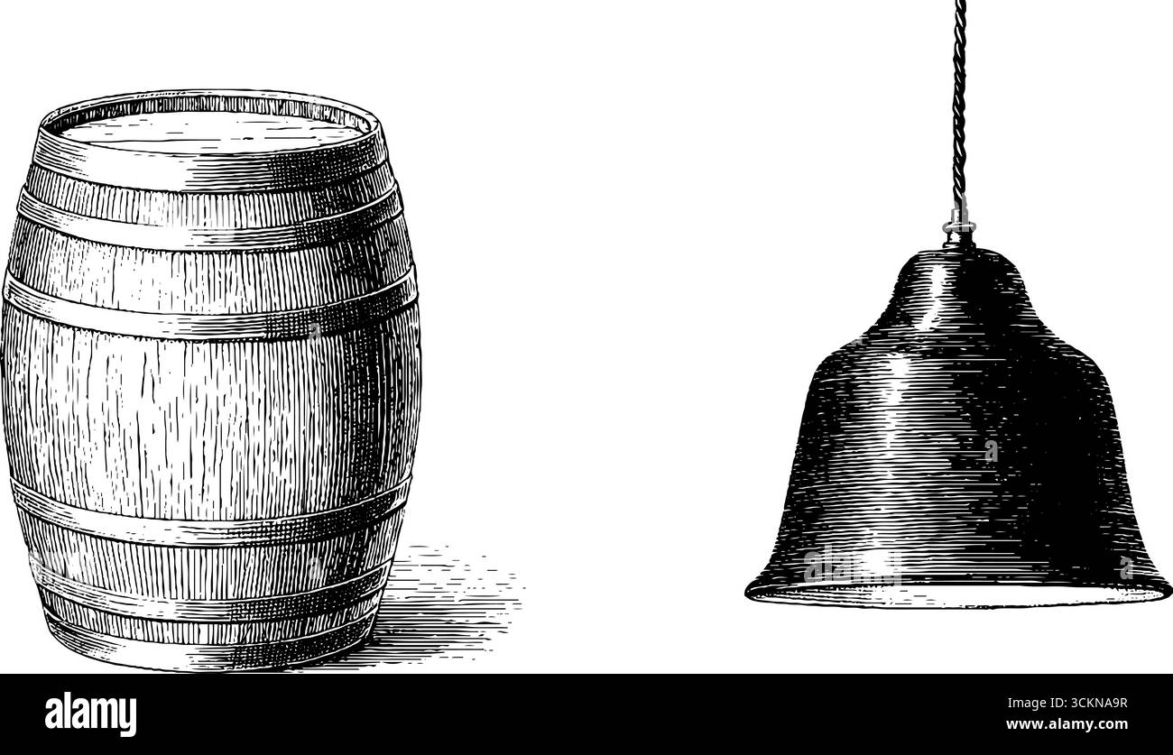 Illustration gravée vintage de tabouret de baril et lumière pendante de style industriel. Illustration de Vecteur