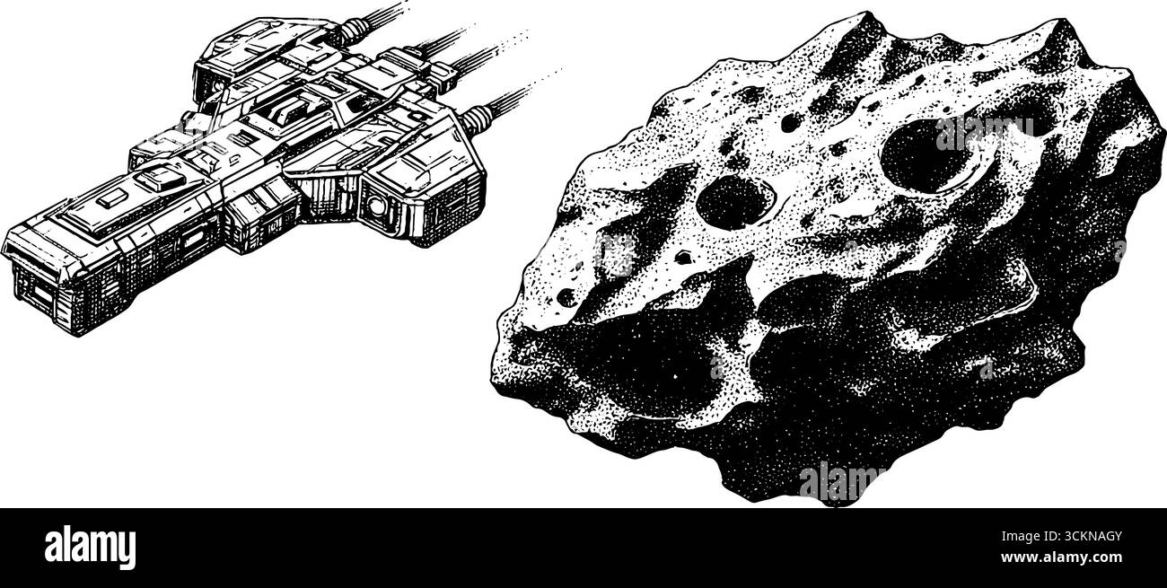 Illustration gravée d'un vaisseau minier spatial et d'un astéroïde pour la conception de science-fiction. Illustration de Vecteur
