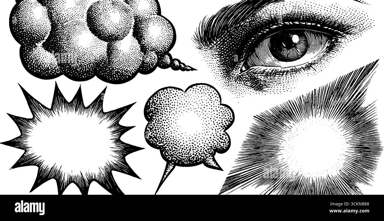 Illustrations gravées vintage de ballons de discours et d'éléments de bande dessinée pour des conceptions créatives. Illustration de Vecteur