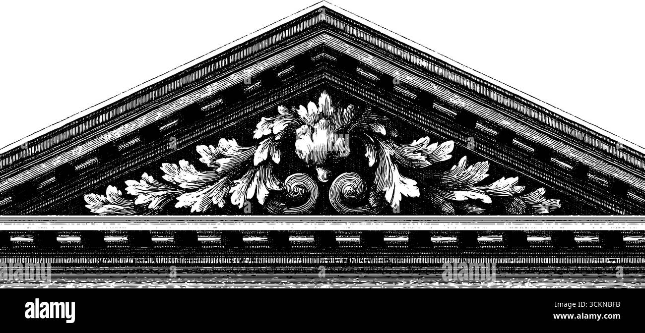 Gravure complexe de la façade néoclassique d'un manoir avec des détails ornementaux. Illustration de Vecteur